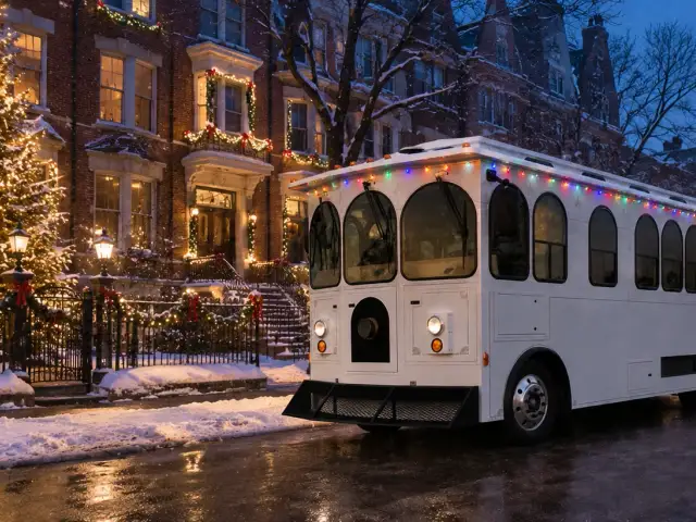 The Christmas trolley lit up on a snowy street at night.