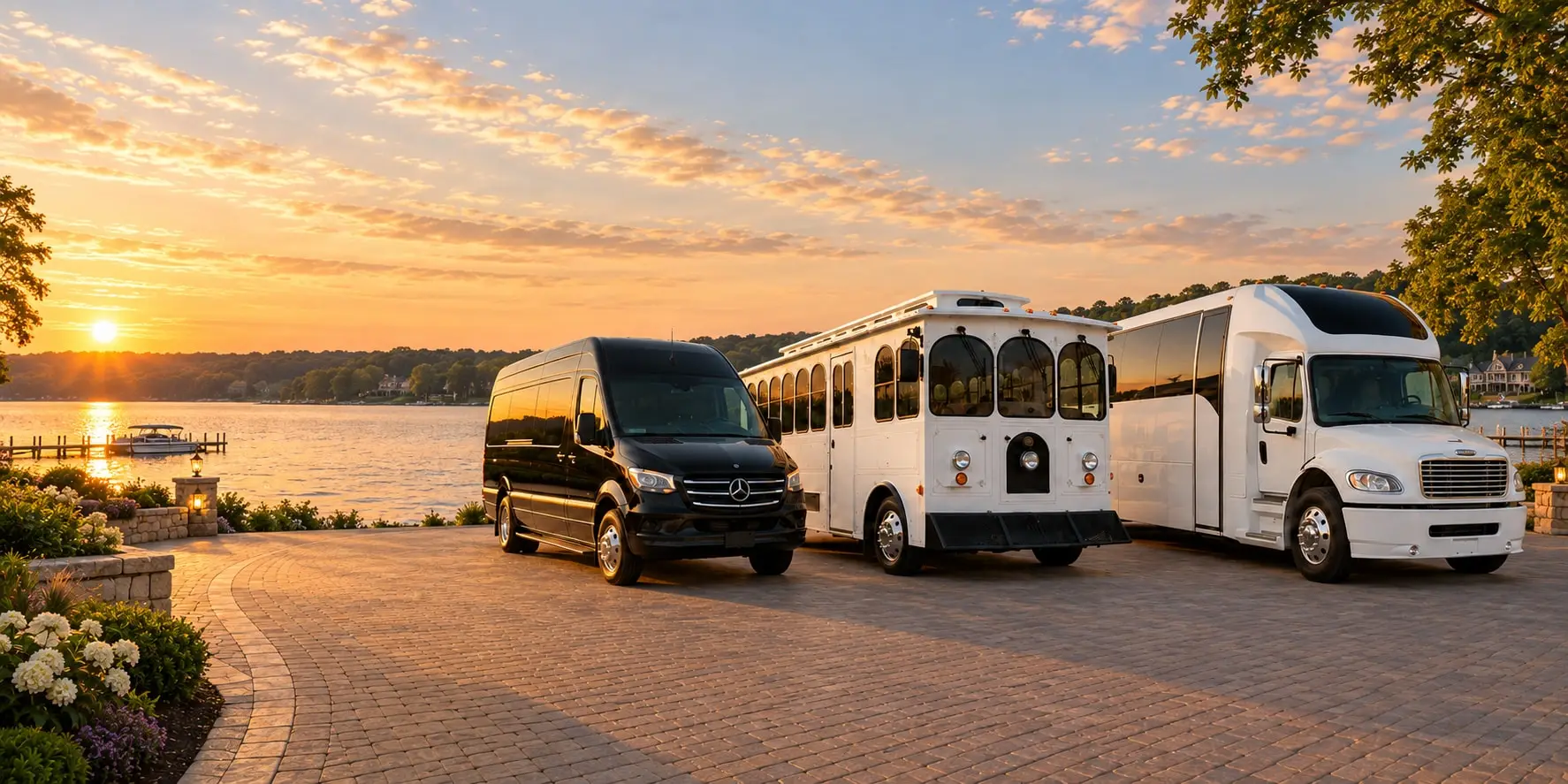 A white trolley parked on a paver drive at sunset, ready for a private charter.